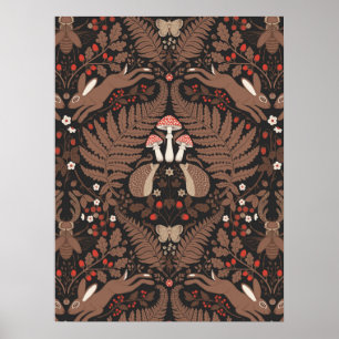 Waldtiere und Pflanze in rot und braun Poster
