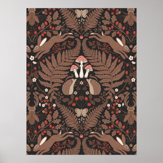 Waldtiere und Pflanze in rot und braun Poster (Vorne)