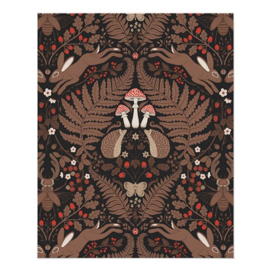 Waldtiere und Pflanze in rot und braun Poster (Vorderseite)