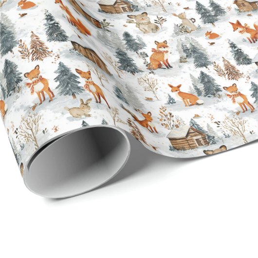 Waldtiere und rustikale Hütten im Schnee Geschenkpapier (Rolleneckpunkt)