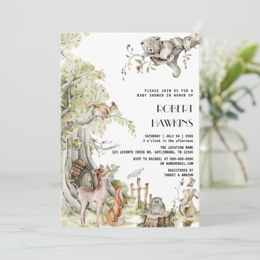 Waldtiere und Waldfreunde Kinderdusche Einladung (Stehend Vorderseite)