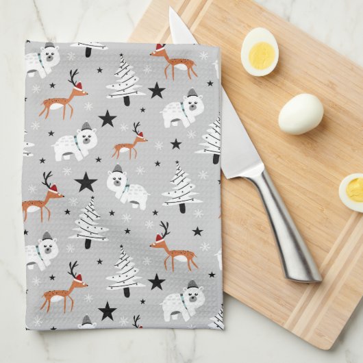 Waldtiere und Weihnachtsbaumen Geschirrtuch (Viertel Falte)