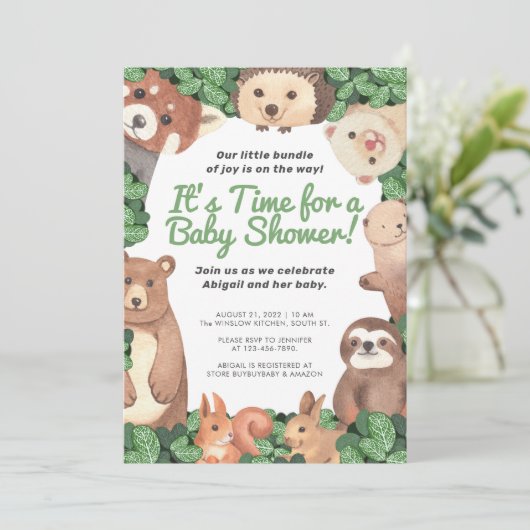 Waldtiere (/w Bär und Faultier) Kinderdusche Einladung (Stehend Vorderseite)