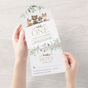 Waldtiere, Wald, Wild One, erster Geburtstag All In One Einladung