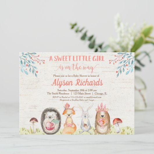 Waldtiere Waldfreunde Mädchen Dusche Einladung (Stehend Vorderseite)