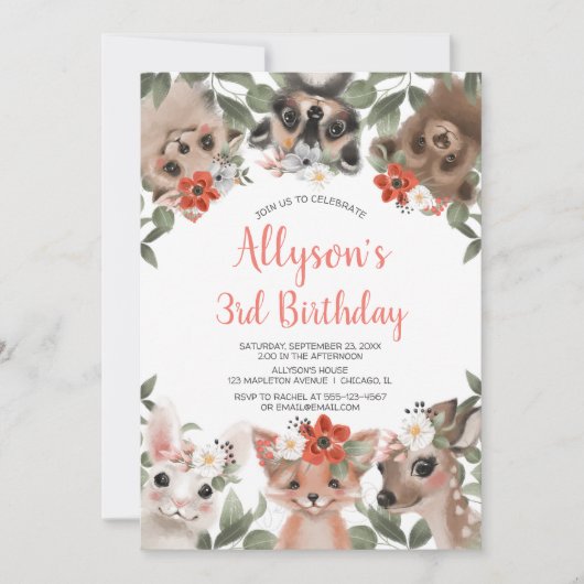 Waldtiere Waldfreunde Mädchen Geburtstag Einladung (Vorderseite)