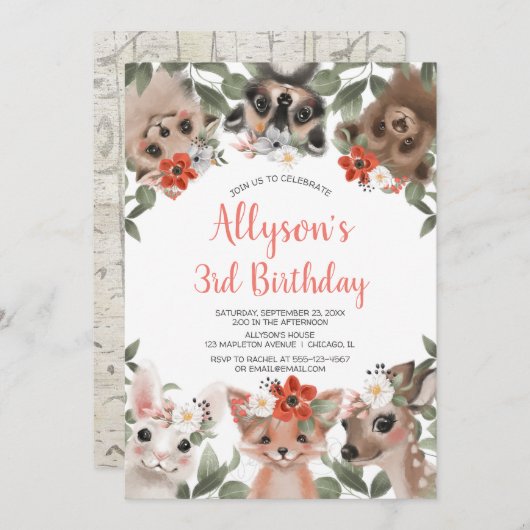 Waldtiere Waldfreunde Mädchen Geburtstag Einladung (Vorne/Hinten)