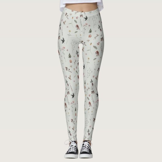 Waldtiere, Waldfrüchte, Blumen auf Grün Leggings (Vorderseite)