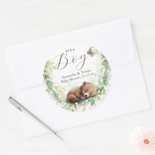 Waldtiere Waldgrün Baby Boy Dusche Runder Aufkleber (Umschlag)