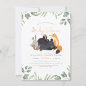 Waldtiere Waldgrün Gold Baby Dusche Einladung (Vorderseite)