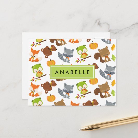 Waldtiere, Waldtiere, Ihr Name Postkarte (Vorderseite/Rückseite Beispiel)