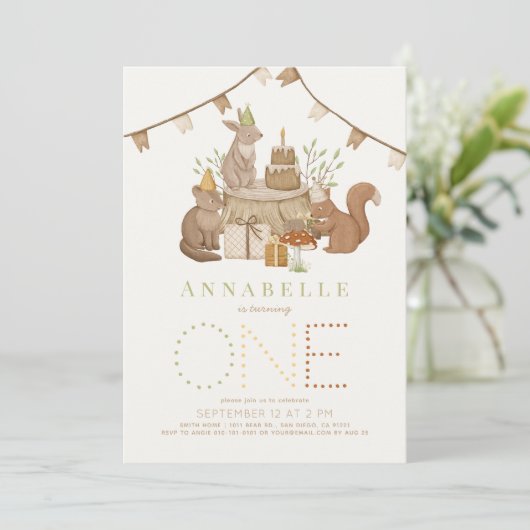 Waldtiere Waldtiere Party 1. Geburtstag Einladung (Stehend Vorderseite)