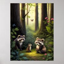 Waldtiere Waschbärenfamilie AI-Kunst