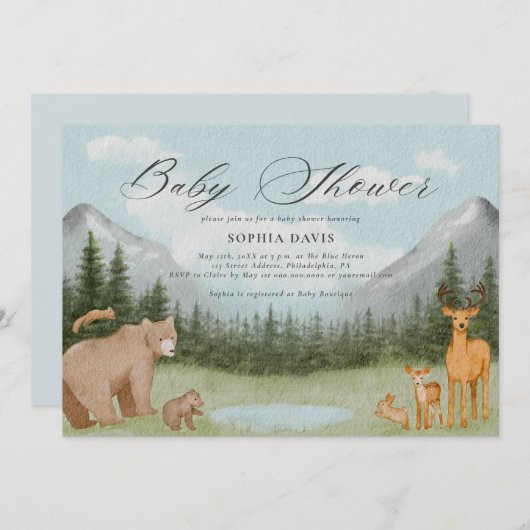 Waldtiere Wasserfarbe Kinderdusche Einladung (Vorne/Hinten)