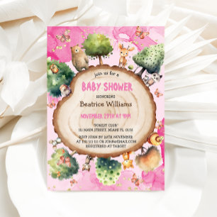 Waldtiere Wasserfarbe Rosa Baby Mädchen Dusche Einladung