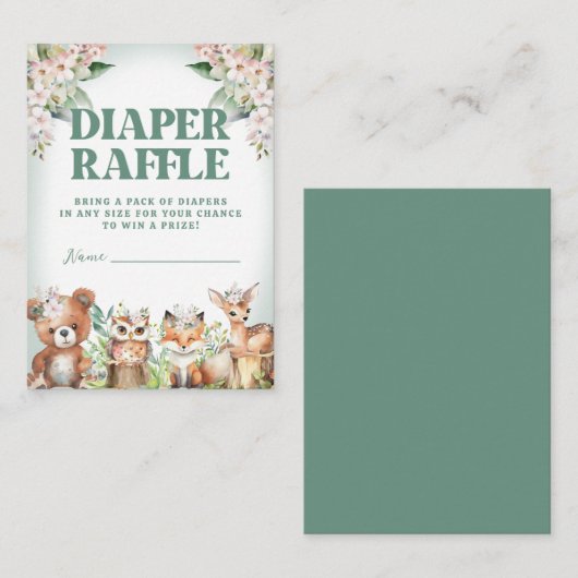 Waldtiere weich, grün und floralfarben Windeln Begleitkarte (Vorne/Hinten)