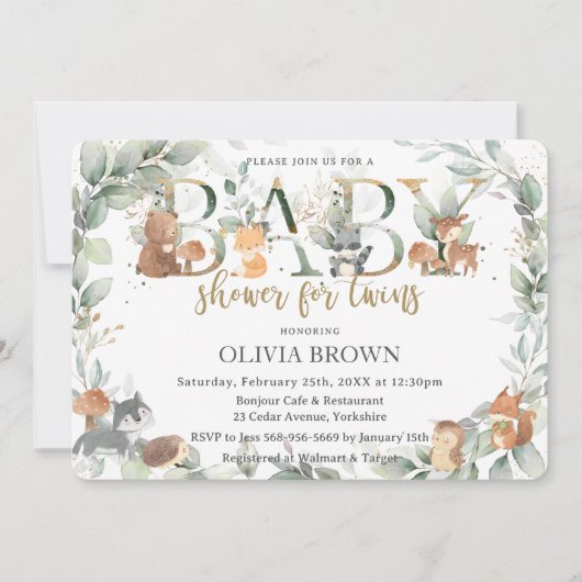 Waldtiere Weide Grüne Twins Kinderdusche Einladung (Vorderseite)