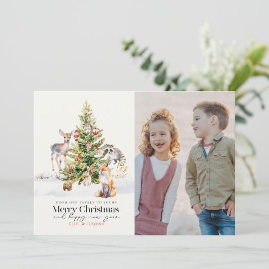Waldtiere Weihnachtsbaum-Foto Feiertagskarte (Stehend Vorderseite)