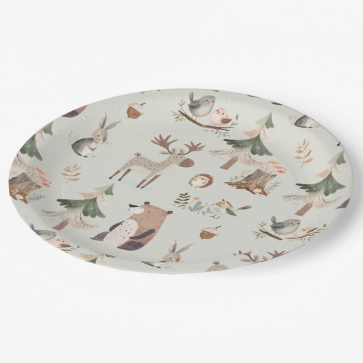 Waldtiere weisen grüne rustikale Babydusche Pappteller (Schrägansicht)