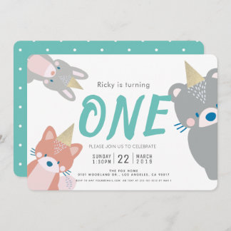 Waldtiere Weißer Aquamariner Junge 1. Geburtstag Einladung