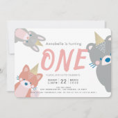 Waldtiere Weißrosa Mädchen 1. Geburtstag Einladung (Vorderseite)