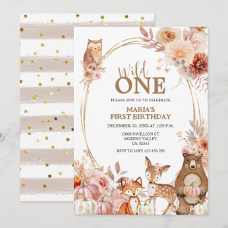 Waldtiere Wild One Fall Floral 1. Geburtstag Einladung