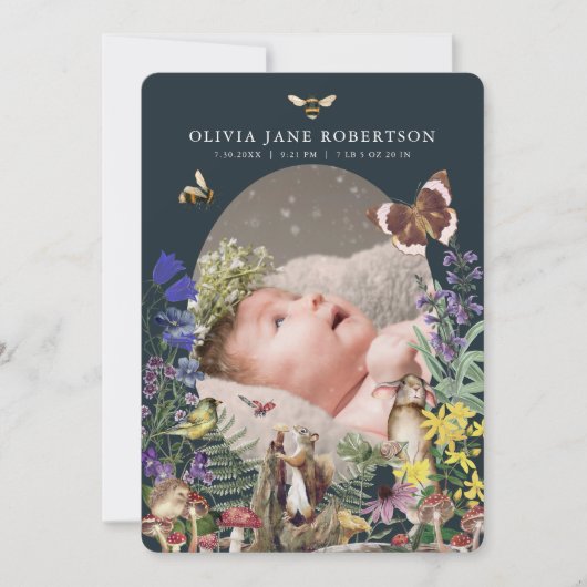 Waldtiere & Wildblumen Geburtsankündigung Einladung (Vorderseite)