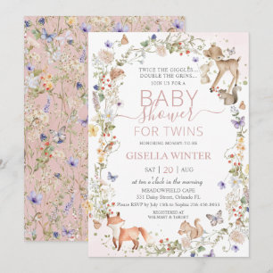 Waldtiere Wildblumen Zwillings-Baby-Party-Einladun Einladung