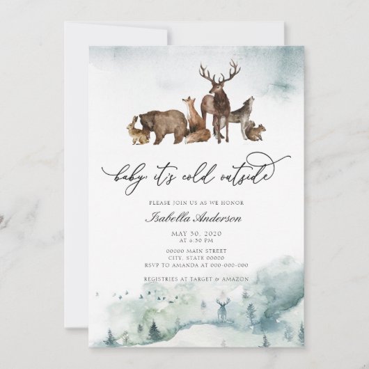 Waldtiere Winter kalt Außendusche Einladung (Vorderseite)