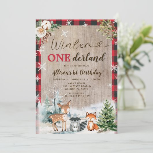 Waldtiere Winter ONEderland 1. Geburtstag Einladung (Stehend Vorderseite)