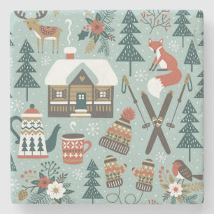 Waldtiere: Winter-Vintage-Nahtlos. Steinuntersetzer