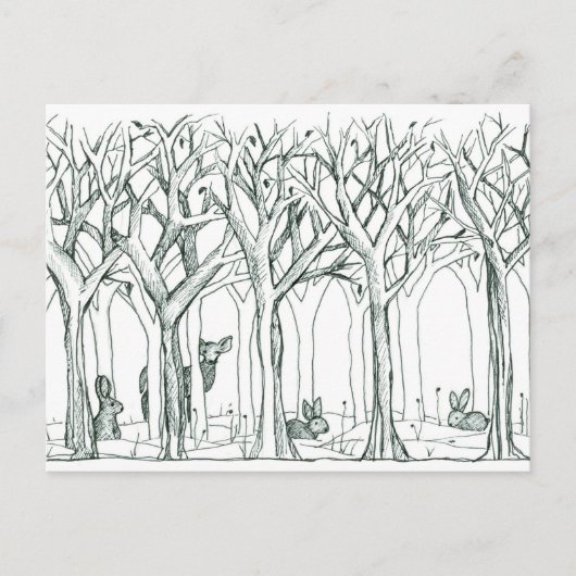 Waldtiere Winterbäume Schneerollen Hirsche Postkarte (Vorderseite)