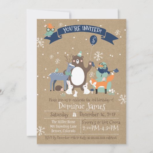 Waldtiere Winterjungen zum Geburtstag Einladung (Vorderseite)
