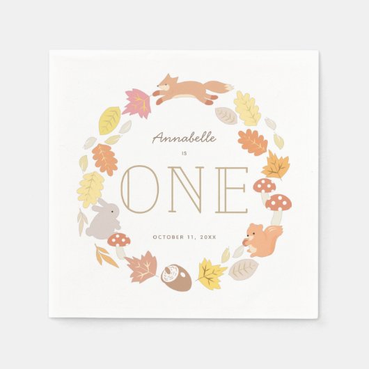 Waldtiere Wreath Fall 1. Geburtstag Serviette (Vorderseite)