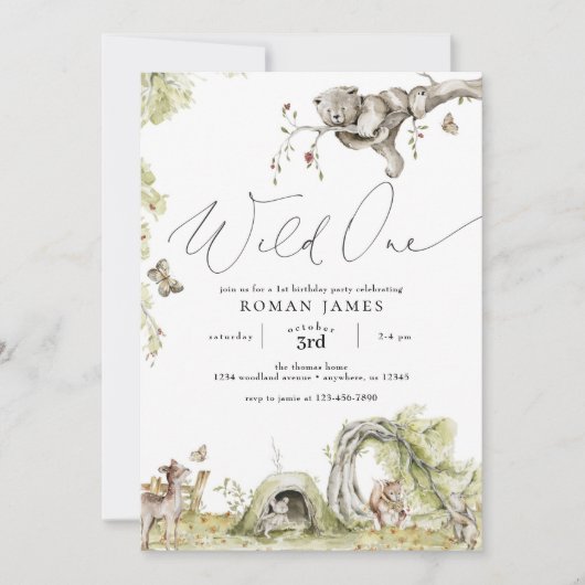 Waldtiere zum ersten Geburtstag Einladung (Vorderseite)