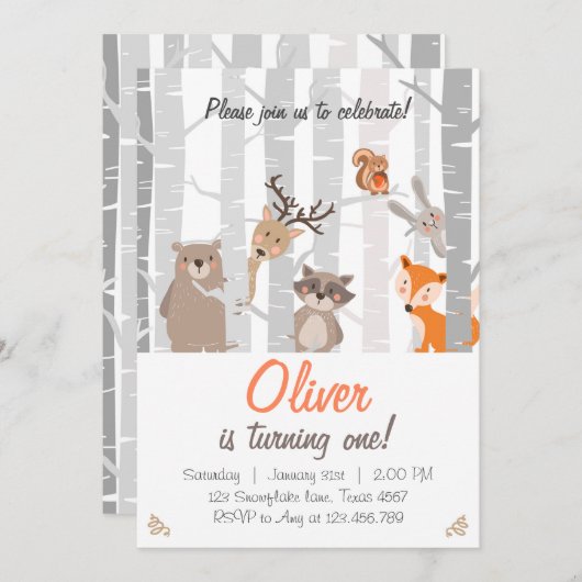 Waldtiere zum ersten Geburtstag Einladung (Vorne/Hinten)