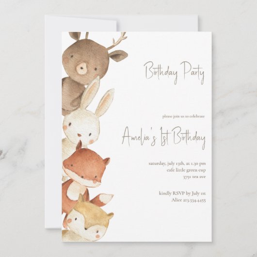 Waldtiere zum Geburtstag Einladung (Vorderseite)