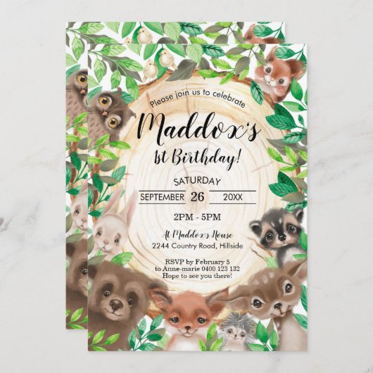 Waldtiere zum Geburtstag Einladung Grün (Vorne/Hinten)