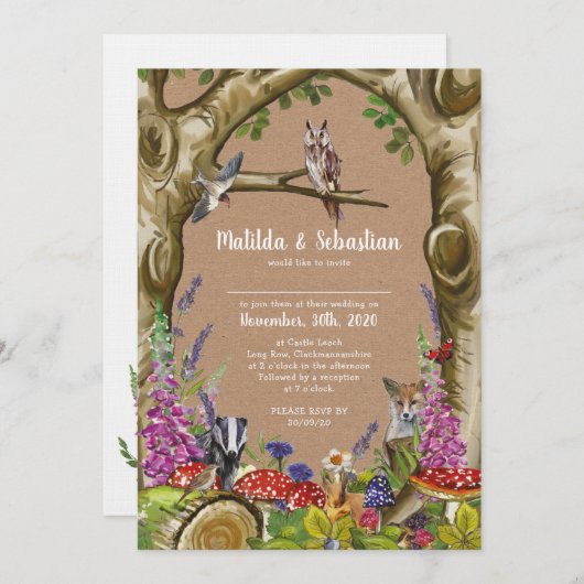 Waldtiere zum Hochzeitsempfang Einladung (Vorne/Hinten)