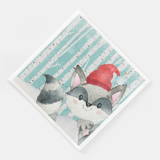 Waldtierfreunde im Winterwald - Racoon Serviette (Ecke)