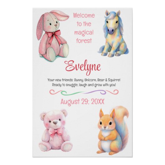 Waldtierfreunde Wasserfarbe Geburtsdetails Poster (Vorderseite)