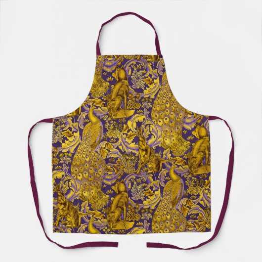 WALDTIERHALB,Pfau,Hare-Gold-Lila-Blume Schürze (Vorderseite)