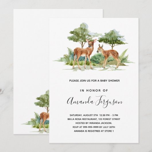 Waldtierhirsche mit Babydusche Einladung (Vorne/Hinten)