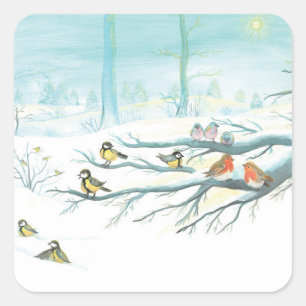 Waldvögel im Winter Quadratischer Aufkleber