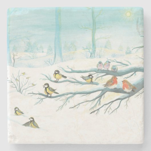 Waldvögel im Winter Steinuntersetzer (Vorderseite)