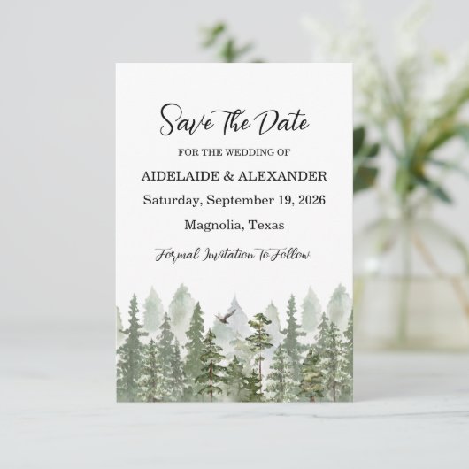 Waldwald Foto Hochzeit Grün Save The Date (Stehend Vorderseite)