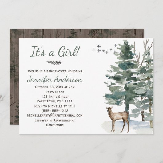 Waldwald Land Hirsch Doe Girl Babydusche Einladung (Vorne/Hinten)