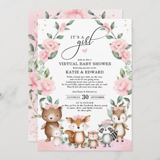 Waldwald Rosa Blume Virtual Dusche Einladung (Vorne/Hinten)