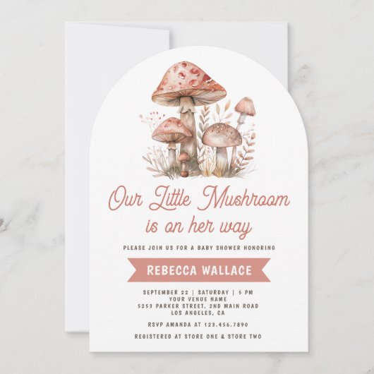 Waldwald Rosa Mushroom Arch Babydusche Einladung (Vorderseite)