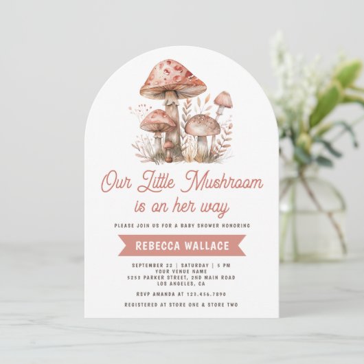 Waldwald Rosa Mushroom Arch Babydusche Einladung (Stehend Vorderseite)